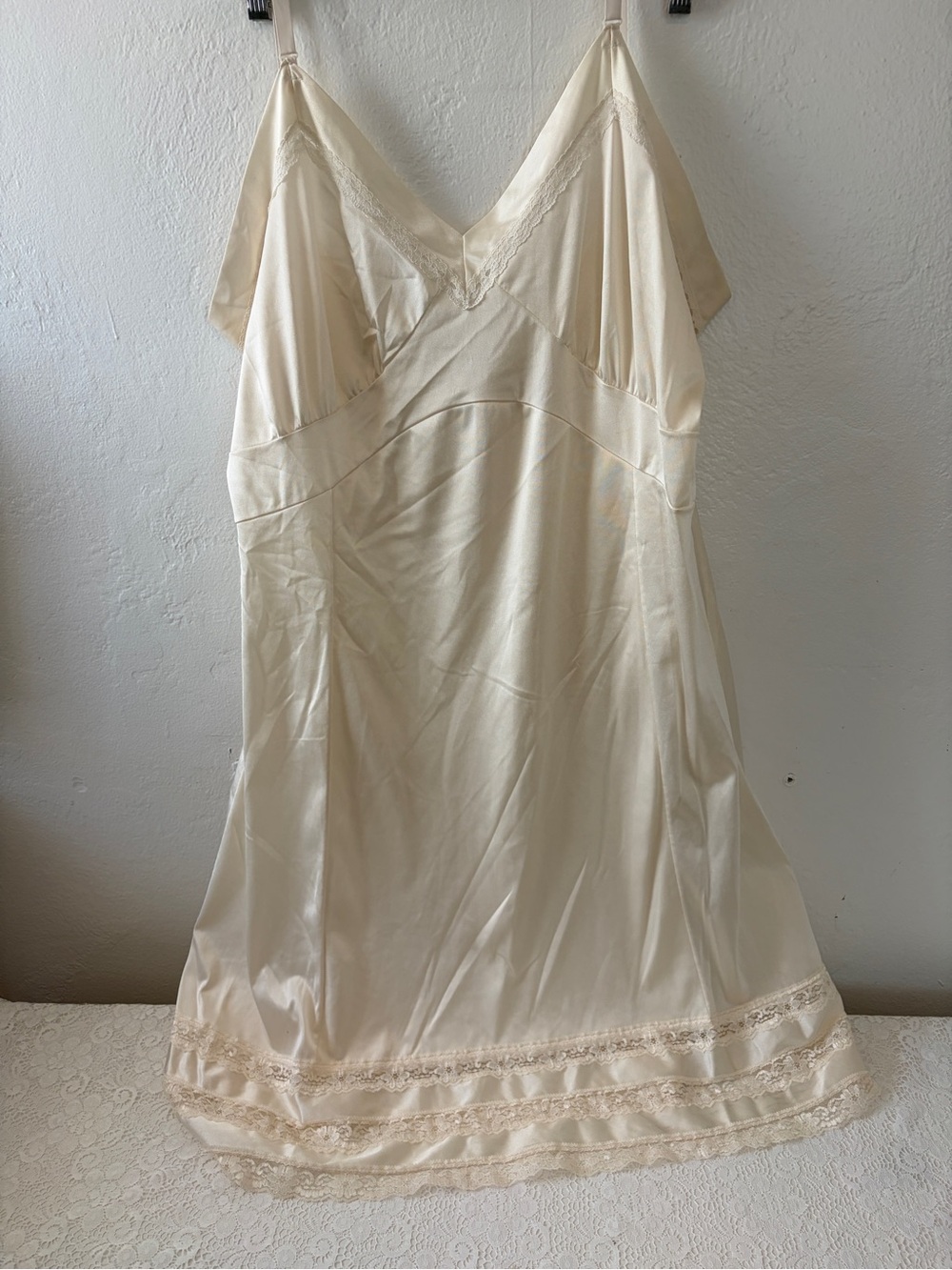 Silky Cream V-Neck Satin Slip with Lace Trim